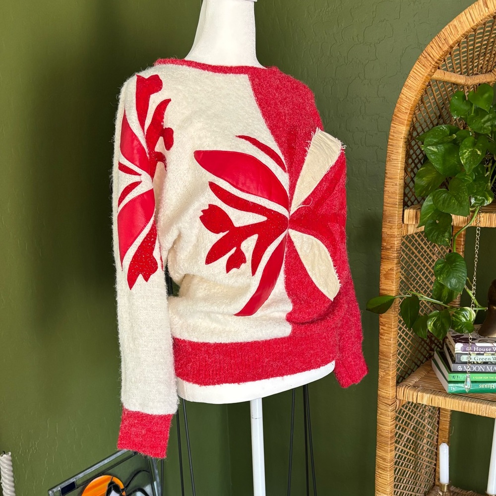 Vintage Red and Cream Color Block Women's Winter Wonderland Sweater
